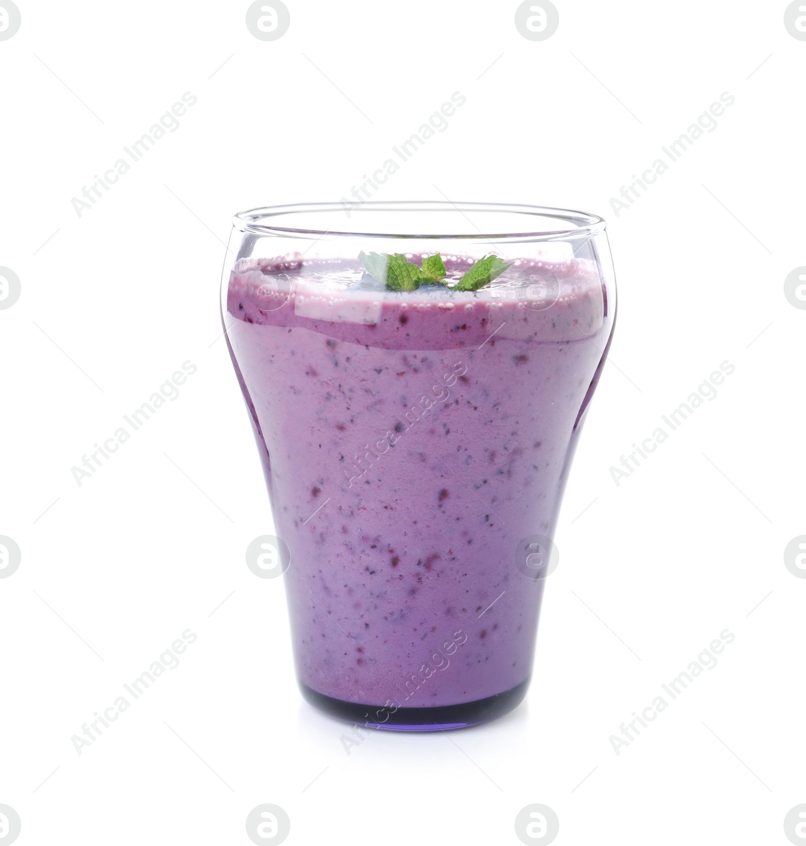 Photo of Glass of tasty blueberry smoothie with mint on white background