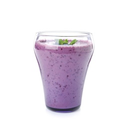 Photo of Glass of tasty blueberry smoothie with mint on white background