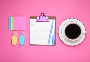 Photo of To do notes, stationery and cup of coffee on pink background, flat lay with space for text. Planning concept