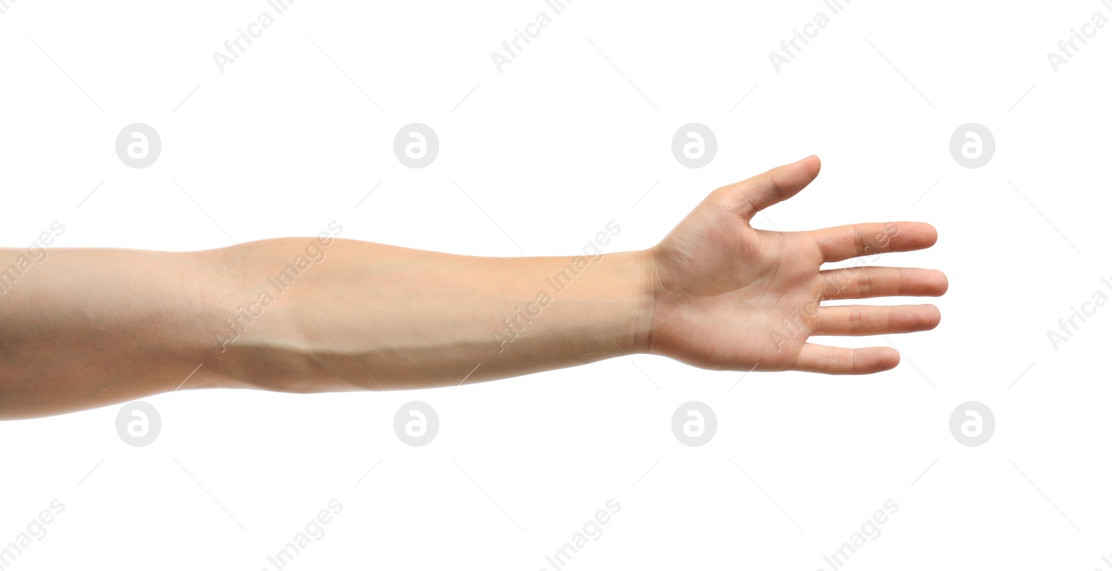 Photo of Young man held out hand on white background, closeup