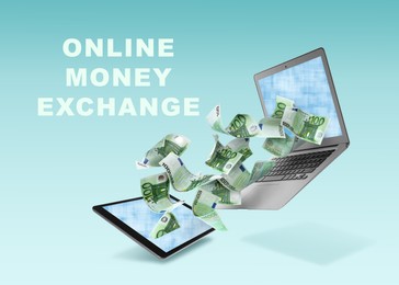 Image of Online money exchange. Euro banknotes flying between laptop and tablet on color background