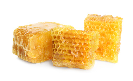 Photo of Fresh delicious sweet honeycombs isolated on white