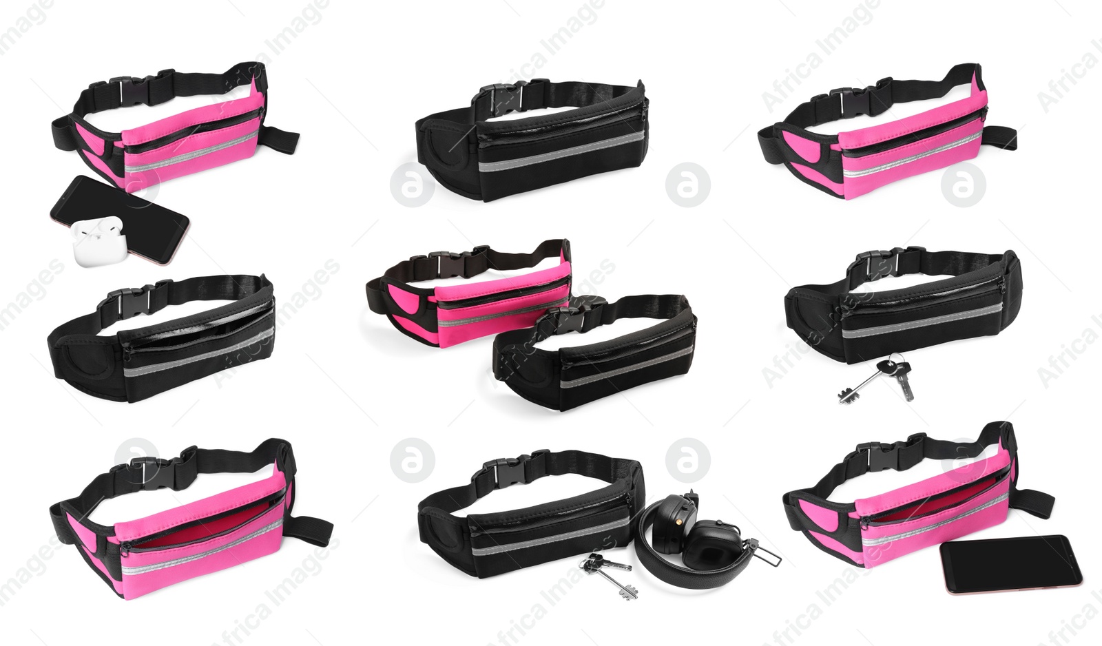 Image of Collage with stylish waist bags (running belts) on white background