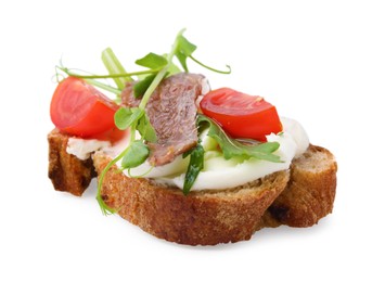 Photo of Delicious bruschetta with anchovies, tomato, microgreens and cream cheese on white background