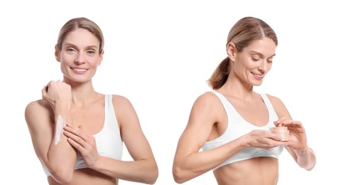 Image of Collage with photos of woman applying body cream on white background