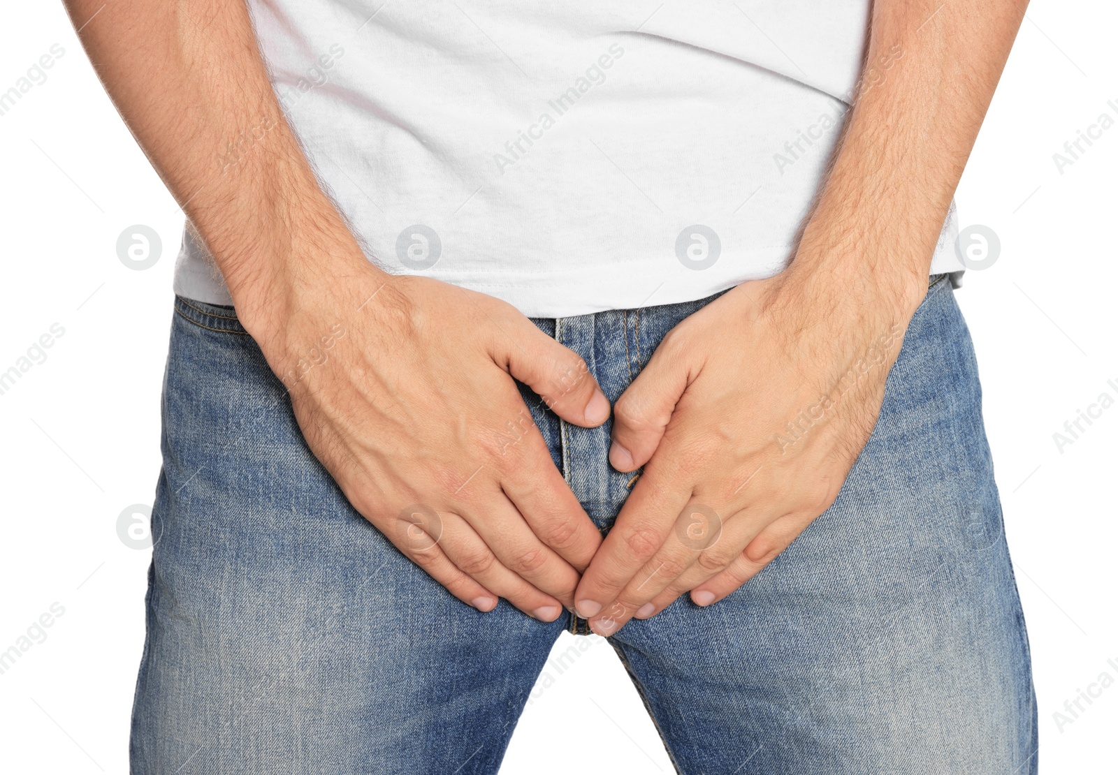 Photo of Man suffering from genital herpes on white background, closeup