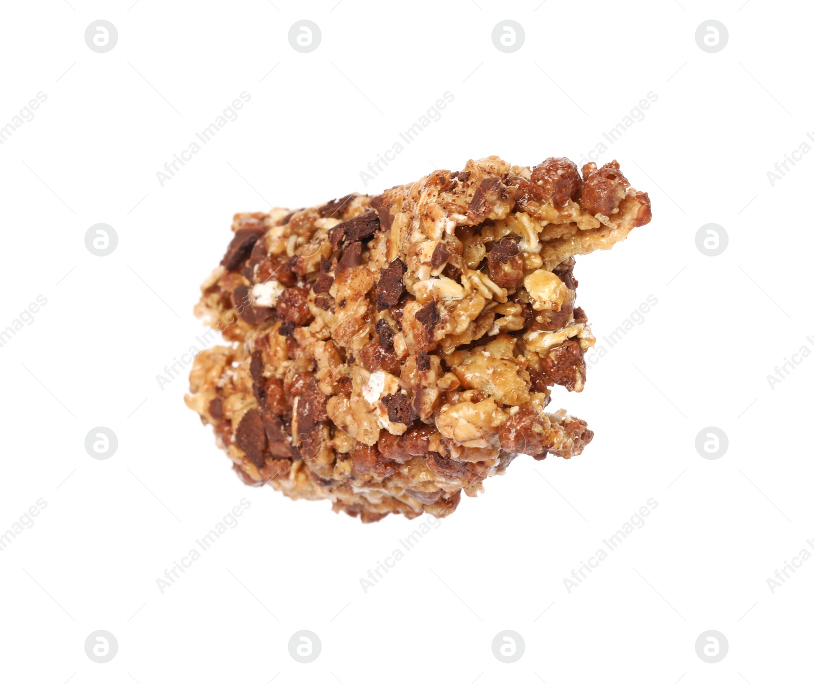 Photo of One piece of tasty granola bar isolated on white