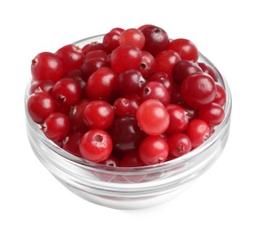 Photo of Glass bowl of fresh ripe cranberries isolated on white