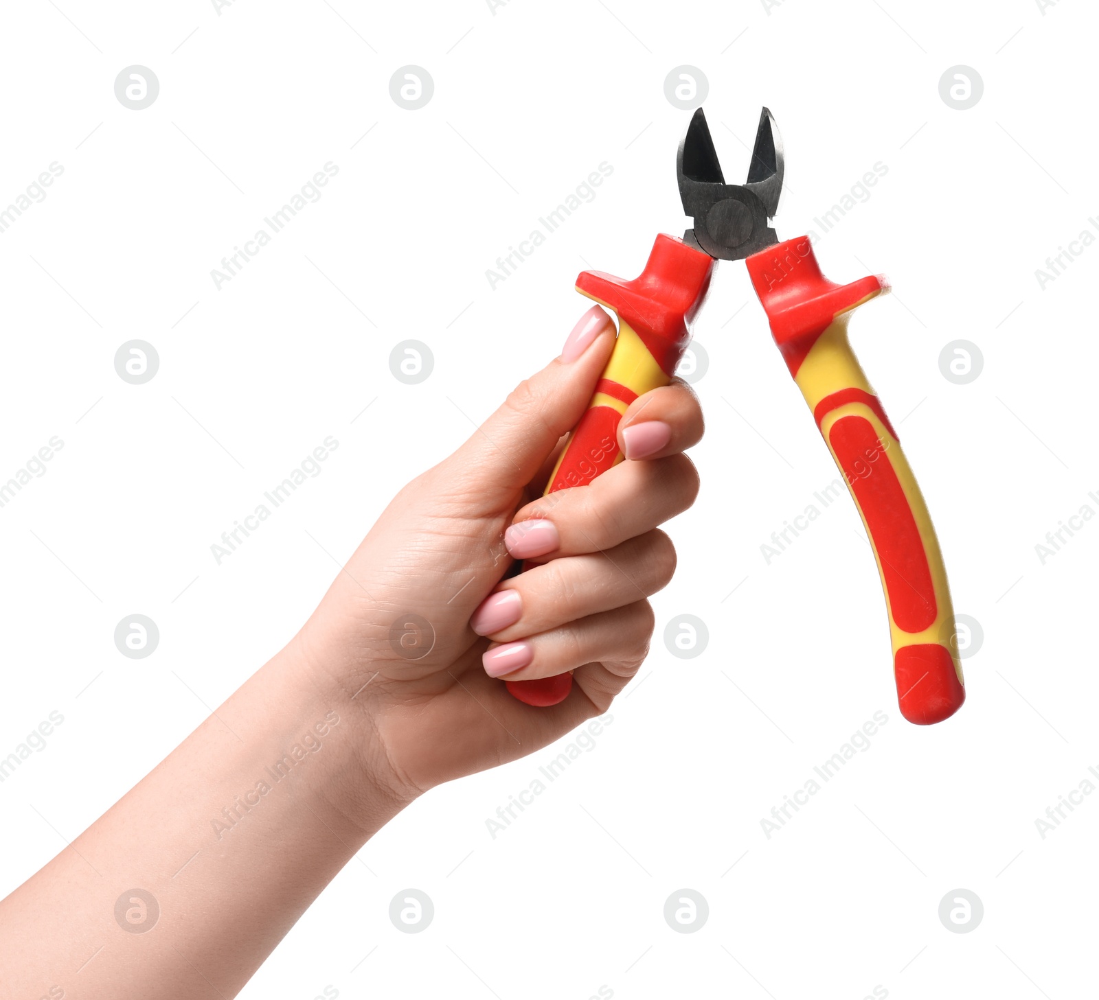 Photo of Woman with diagonal pliers on white background, closeup