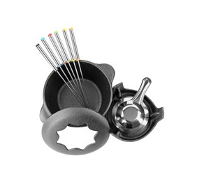 Photo of Fondue set isolated on white, top view. Kitchen equipment