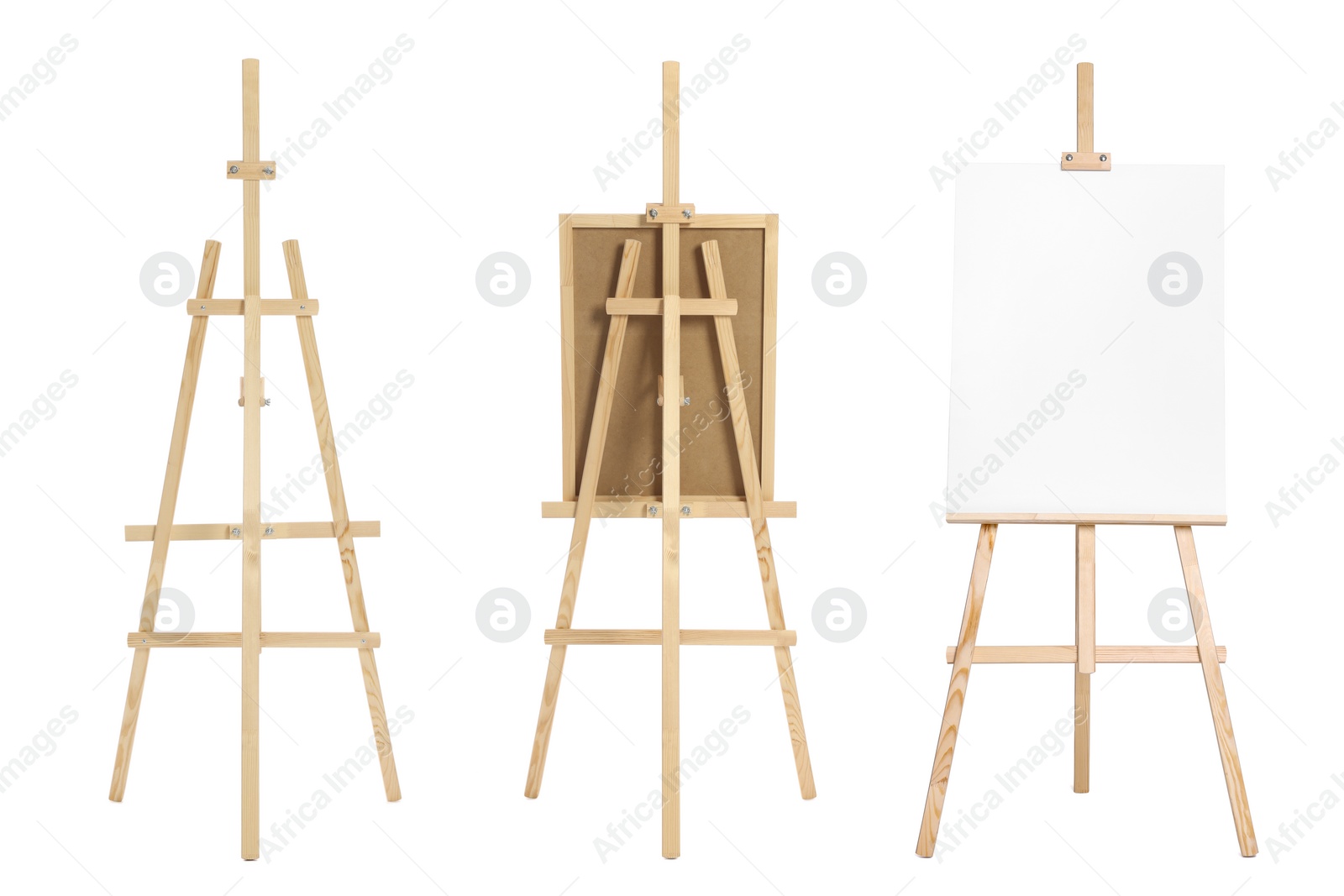 Image of Wooden easel isolated on white, different sides