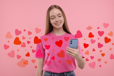 Long distance love. Woman chatting with sweetheart via smartphone on pink background. Hearts flying out of device and swirling around her