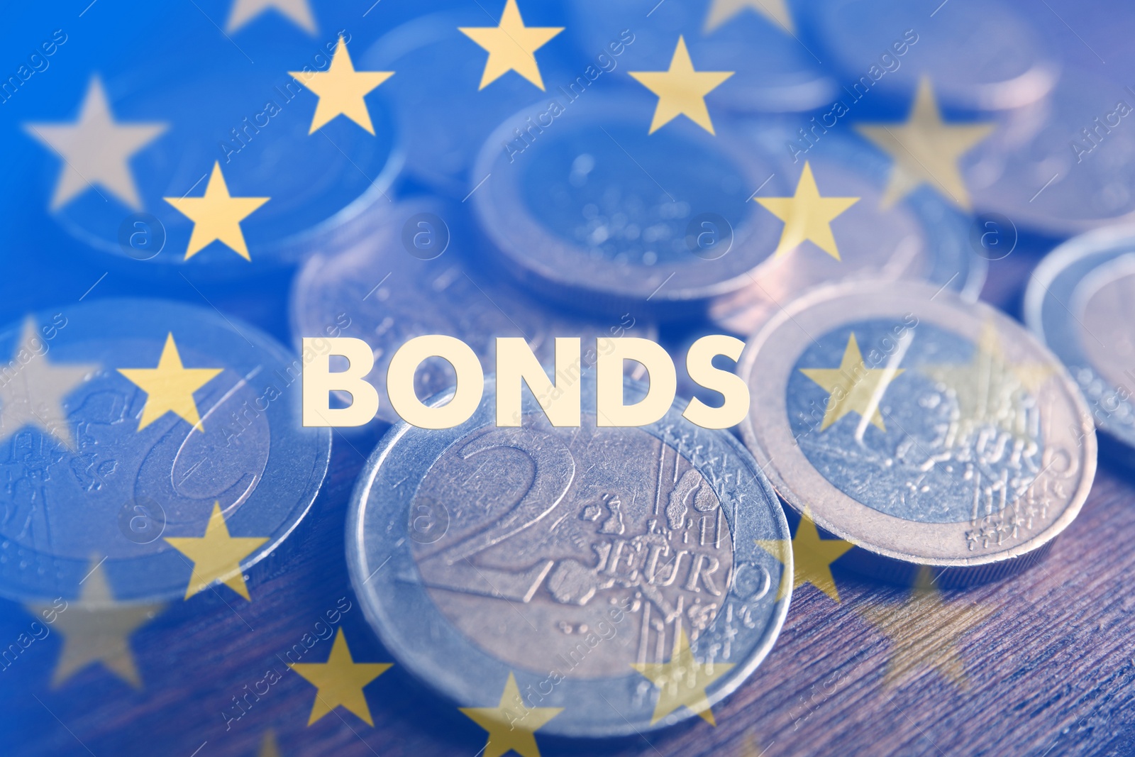 Image of Double exposure of European Union flag and coins, closeup view. Bonds concept