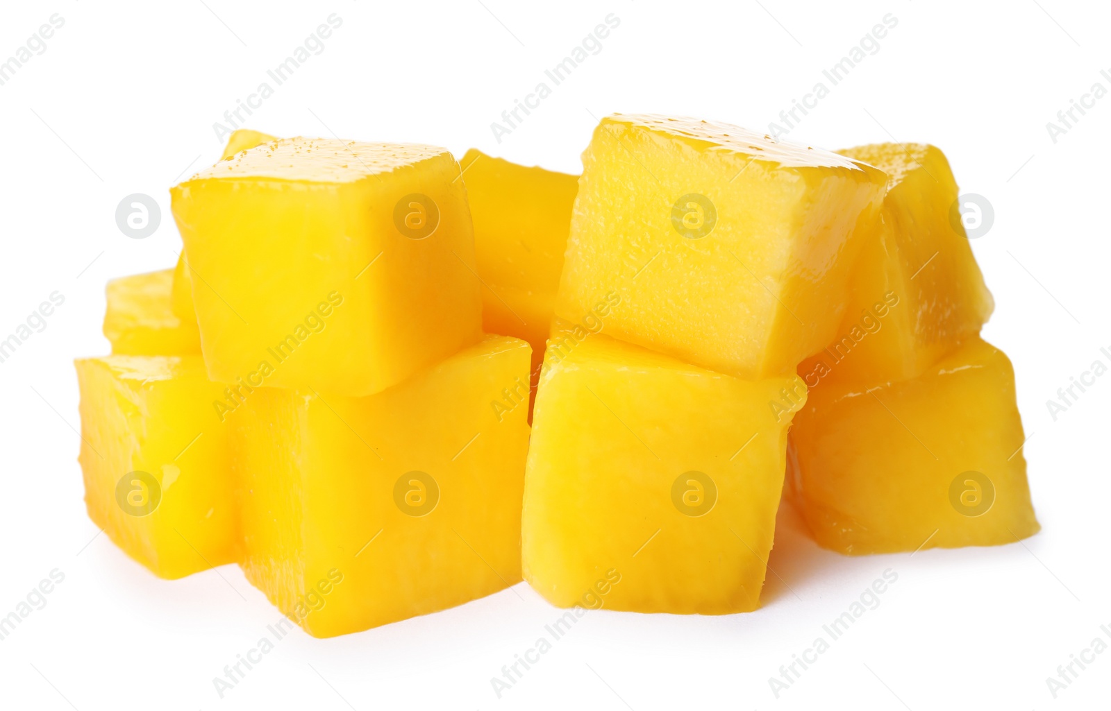 Photo of Fresh juicy mango cubes on white background