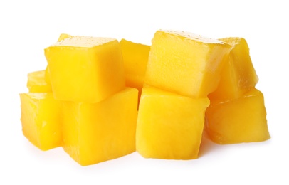 Fresh juicy mango cubes on white background