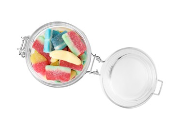 Tasty jelly candies in jar on white background, top view