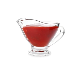 Gravy boat with spicy chili sauce on white background