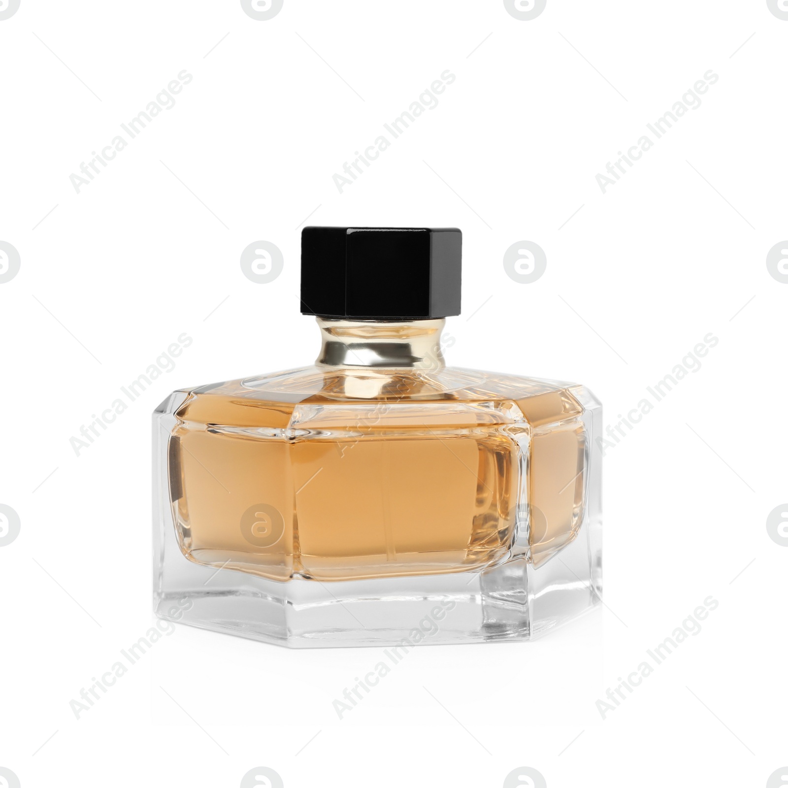 Photo of Transparent bottle of perfume on white background