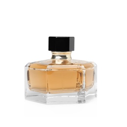 Photo of Transparent bottle of perfume on white background