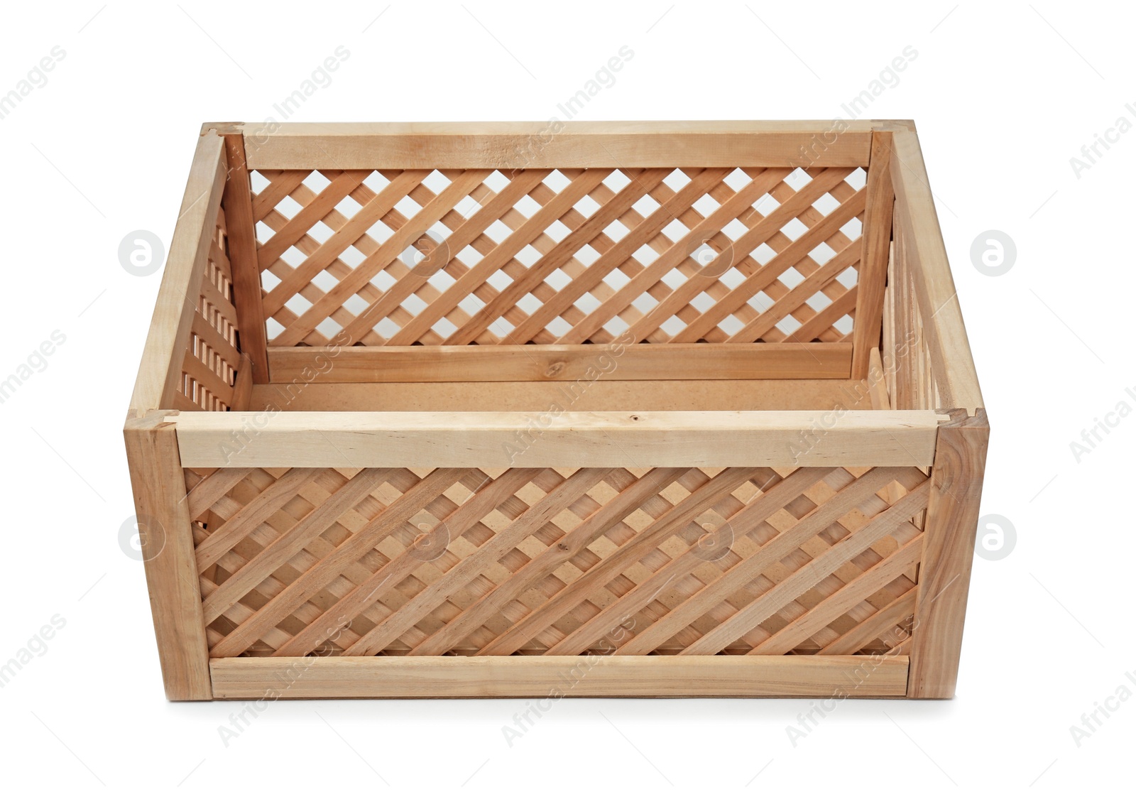 Photo of Empty open wooden crate isolated on white