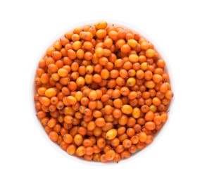 Photo of Fresh ripe sea buckthorn berries in bowl isolated on white, top view