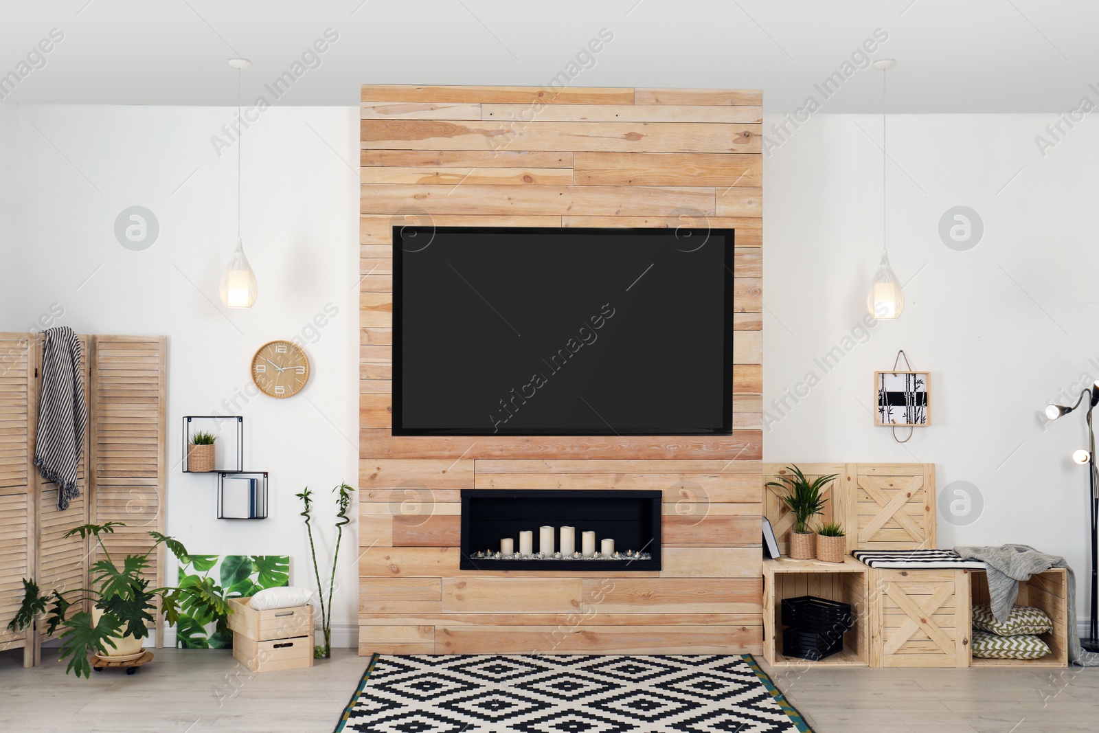 Photo of Living room interior with modern TV on wooden wall