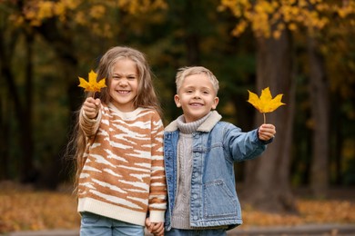 Photo of Portrait of happy children with autumn dry leaves in park