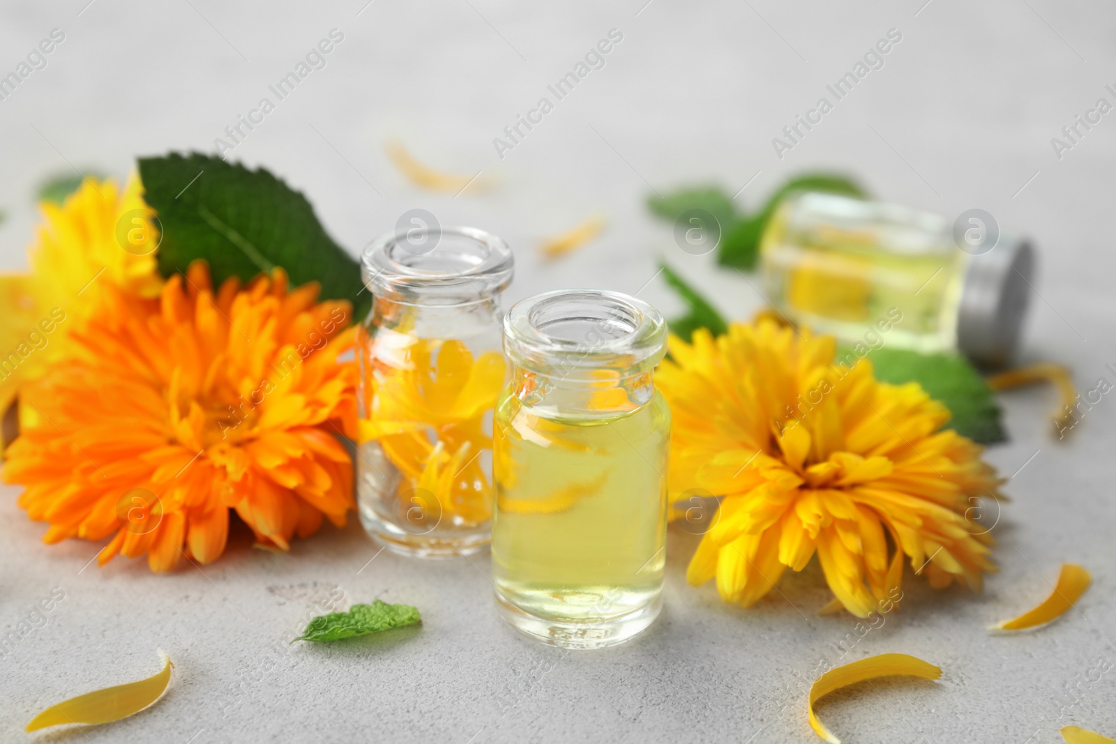 Photo of Composition with essential oils and ingredients on table