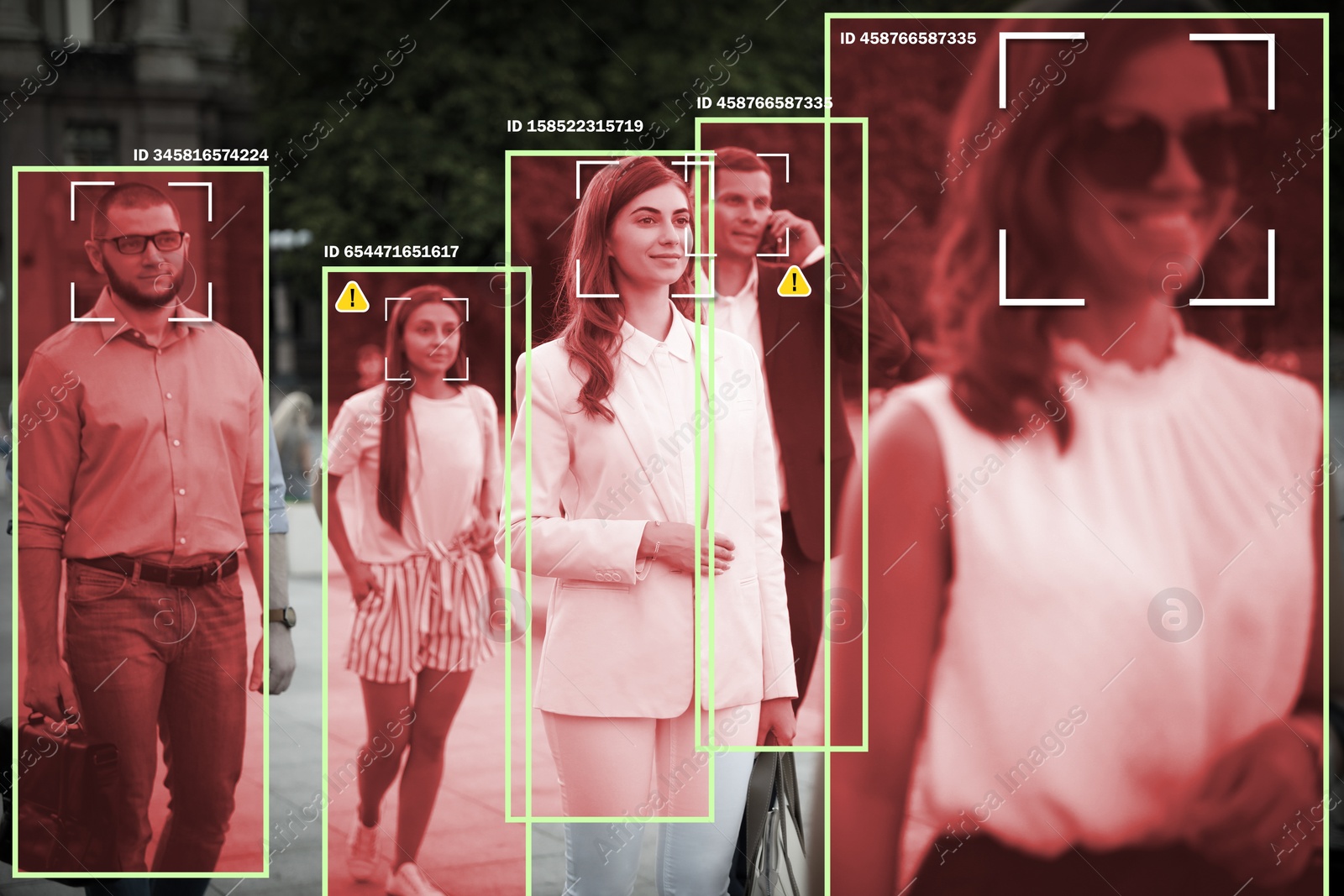 Image of Facial recognition system identifying people on city street. AI giving their personal data