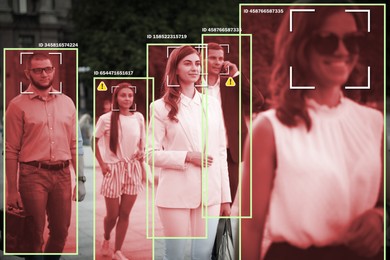 Facial recognition system identifying people on city street. AI giving their personal data