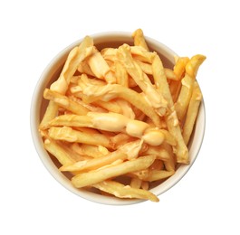 Photo of Delicious french fries with cheese sauce in bowl isolated on white, top view