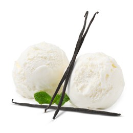 Image of Delicious vanilla ice cream and vanilla pods isolated on white