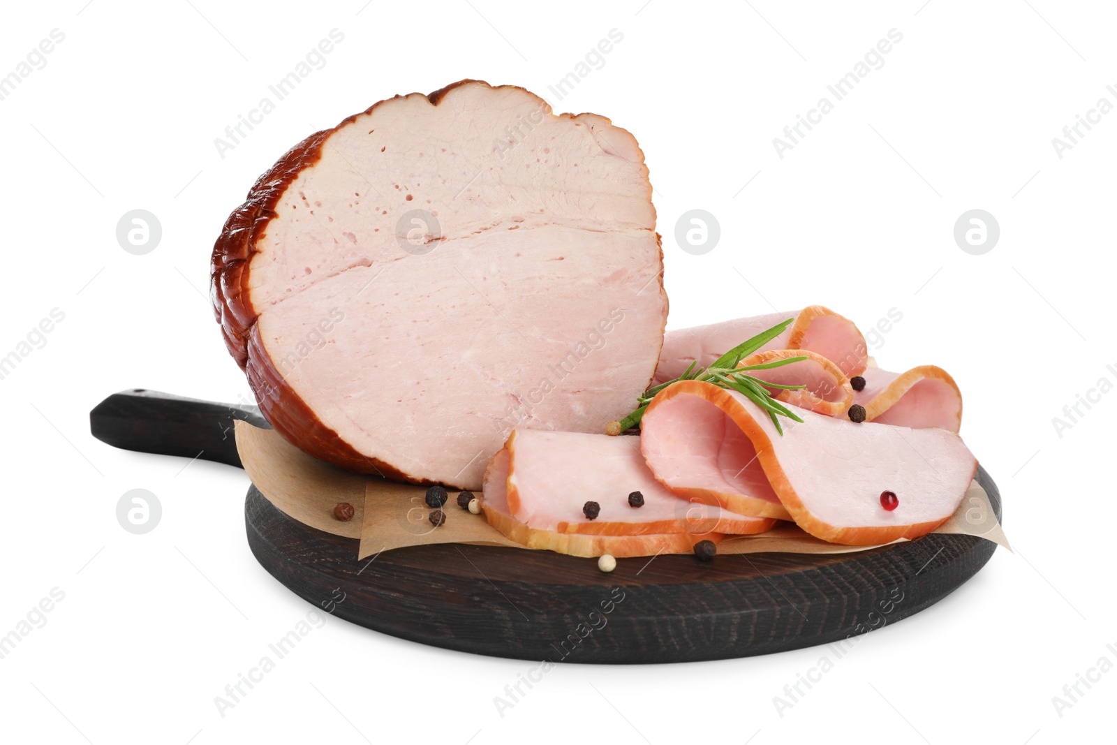 Photo of Delicious sliced ham with rosemary and peppercorns isolated on white