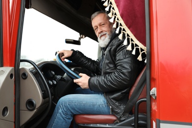 Photo of Mature driver sitting in cab of modern truck