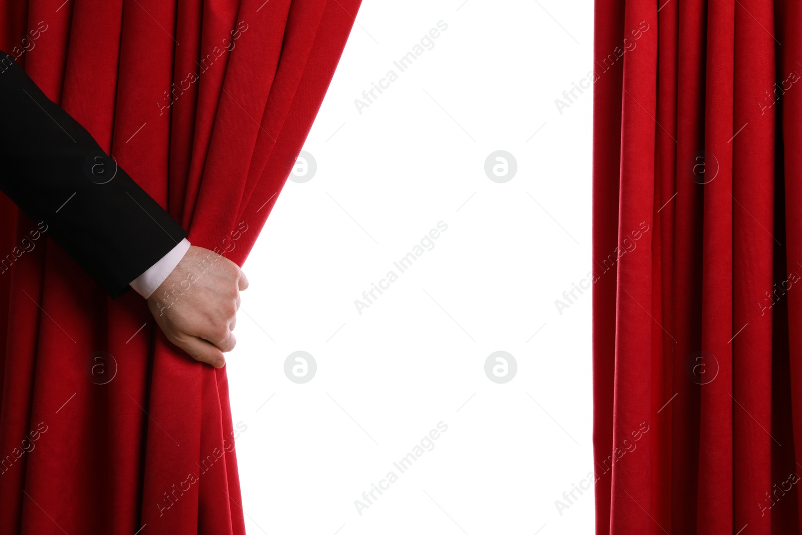 Photo of Man opening red front curtains on white background, closeup