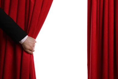 Photo of Man opening red front curtains on white background, closeup