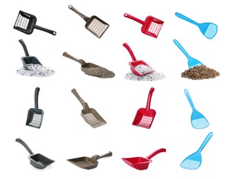 Set with plastic scoops and cat litters on white background, view from different sides