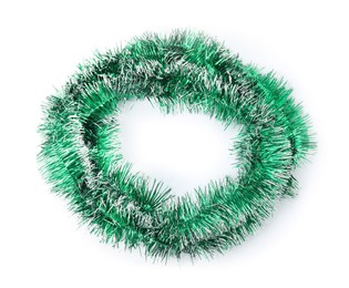 Shiny green tinsel isolated on white, top view