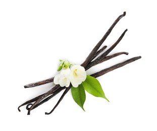 Photo of Vanilla pods, green leaves and flowers isolated on white