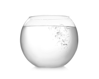 Round fish bowl filled with water on white background