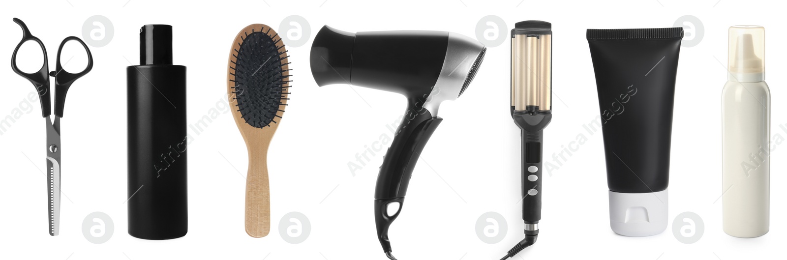 Image of Set with professional hairdresser tools and cosmetic products on white background. Banner design