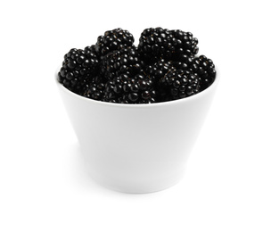 Fresh ripe blackberries in bowl isolated on white