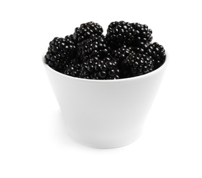 Photo of Fresh ripe blackberries in bowl isolated on white