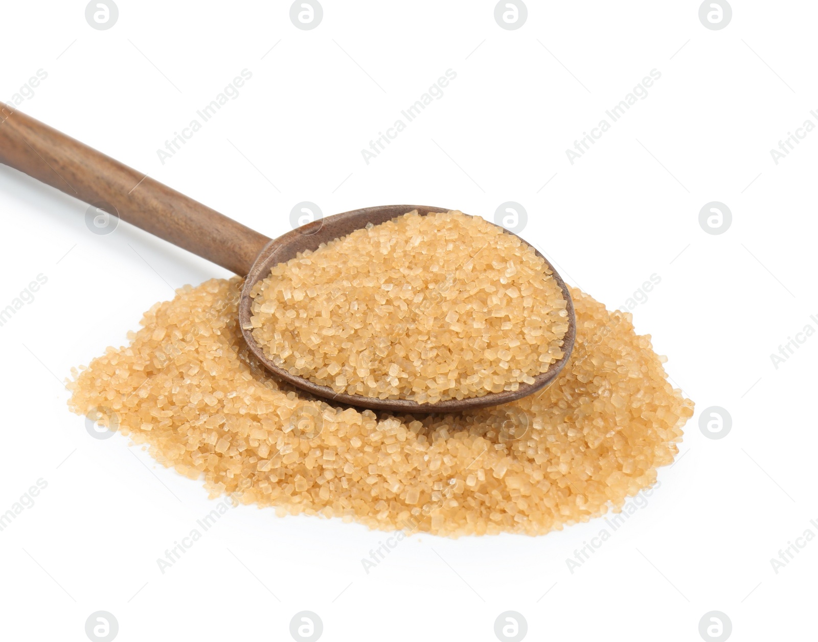 Photo of Pile of brown sugar and wooden spoon isolated on white