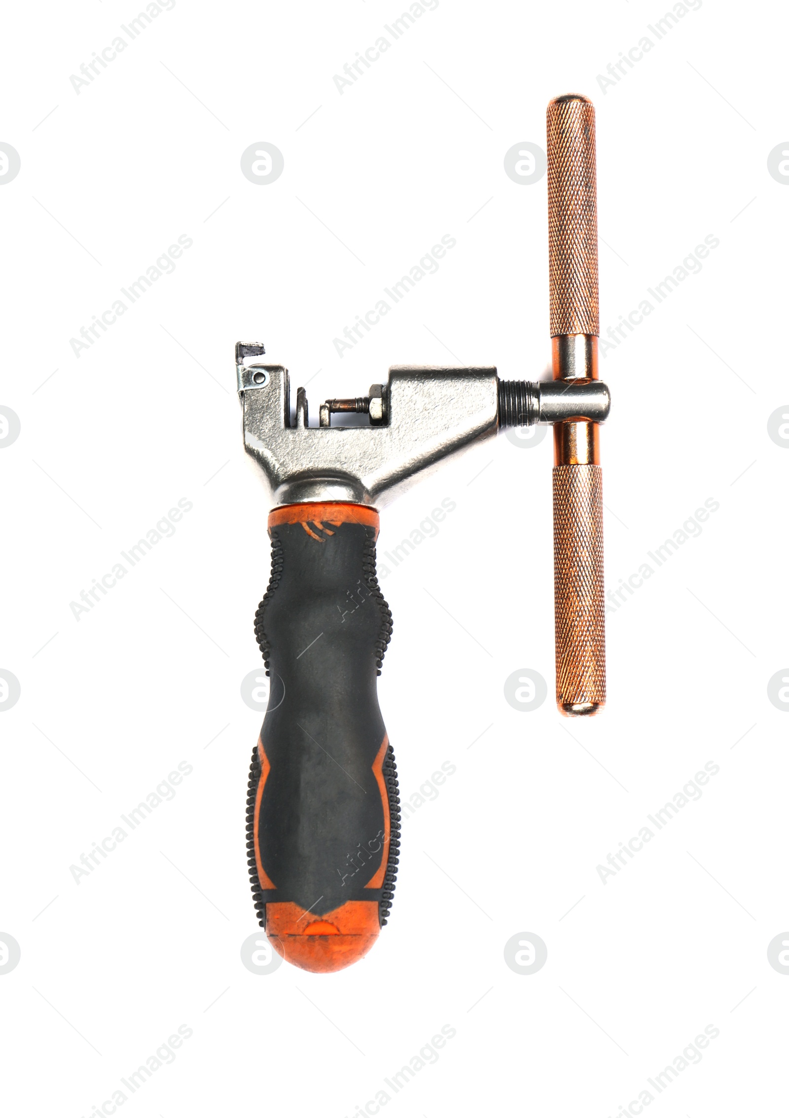 Photo of Tool for bicycle repair on white background, top view