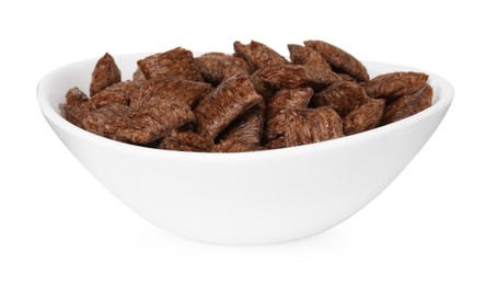 Photo of Chocolate cereal pads in bowl isolated on white