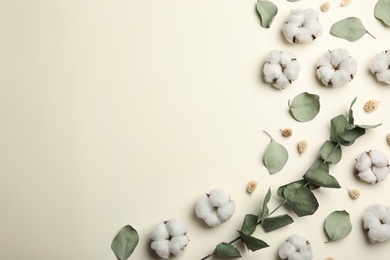 Flat lay composition with cotton flowers on beige background, space for text