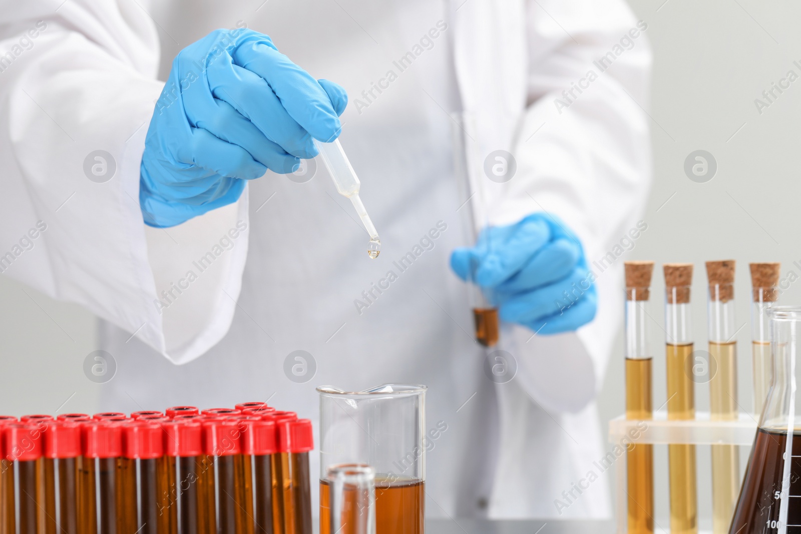 Photo of Scientist dripping brown liquid from pipette into beaker, closeup