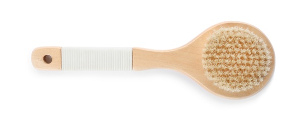 Bath brush made of bamboo on white background, top view