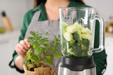 Photo of Woman holding potted herb indoors, focus on blender with ingredients for smoothie